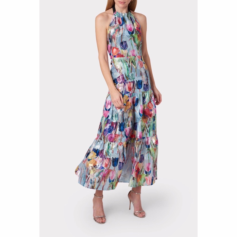 MILLY Hayden Metallic Tulip Halter Dress | Blue Multi | Size 4